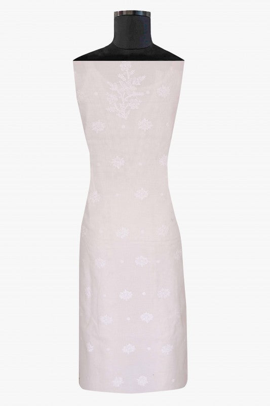 Ada Hand Embroidered White Kota Lucknowi Chikan Unstitched Kurta Dupatta-A618166