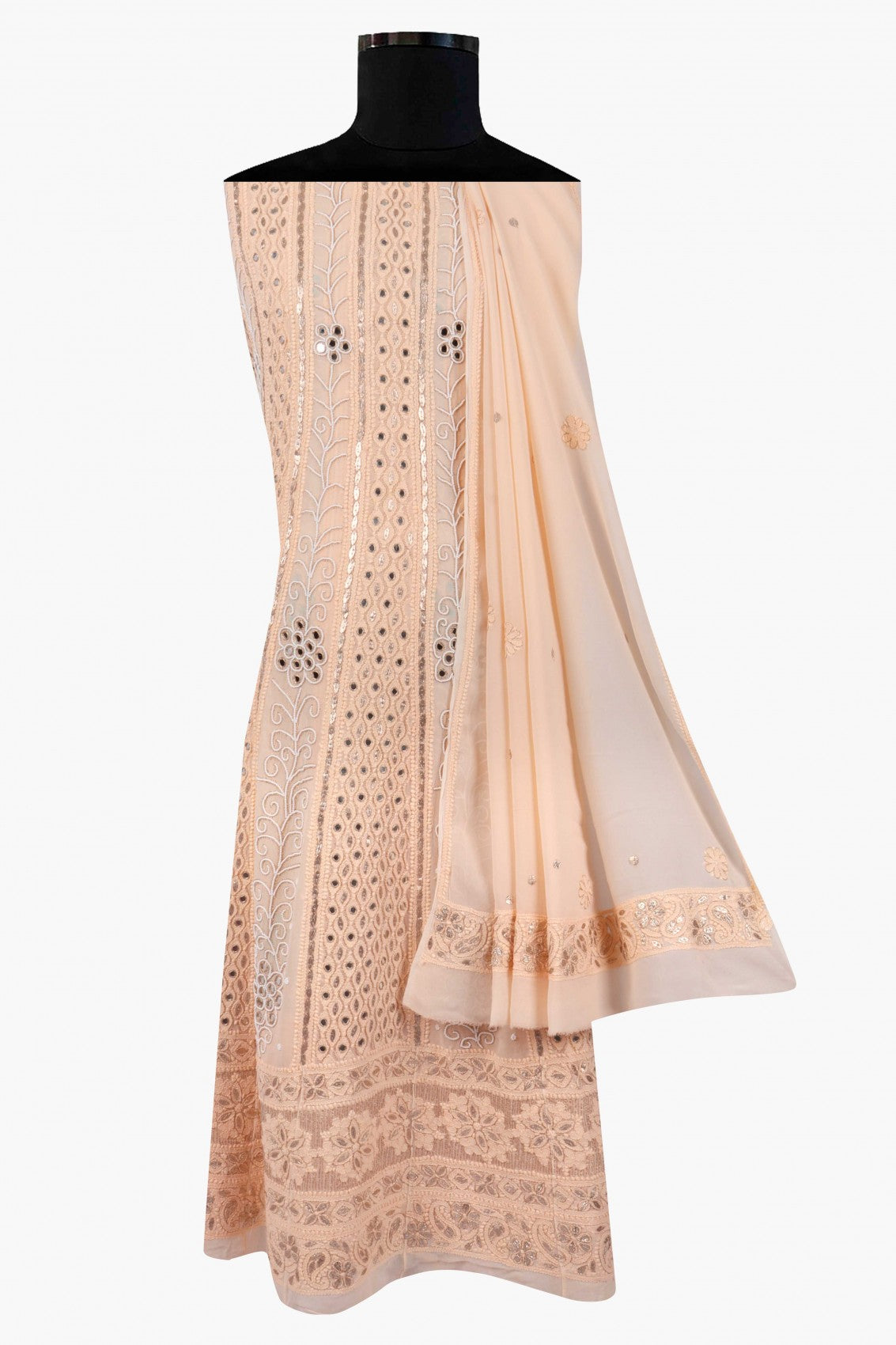 Ada Hand Embroidered Light Peach Georgette Lucknowi Chikankari Semi-Stitched Anarkali Kurta Dupatta Set With Gota Patti Work 01A135120