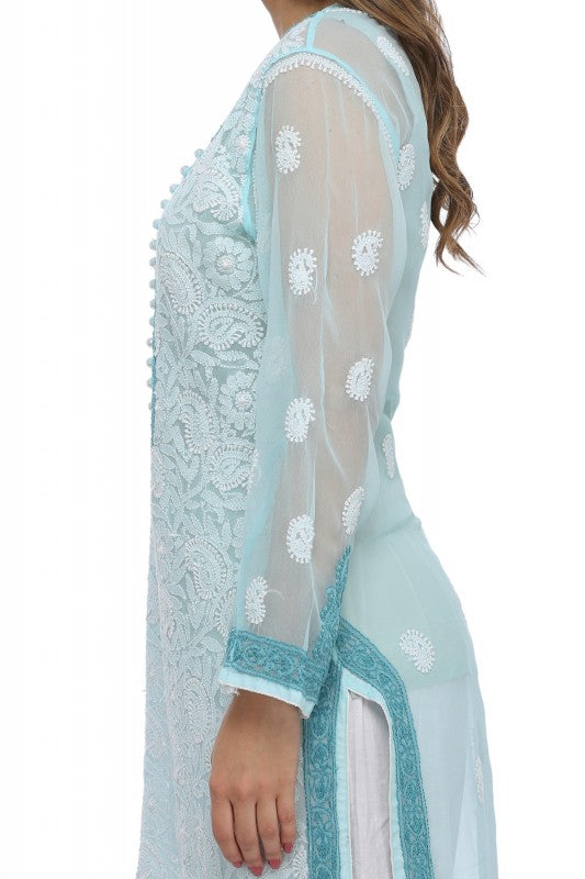 Ada Hand Embroidered Blue Faux Georgette Lucknowi Chikankari Straight Kurta with Slip-A244153