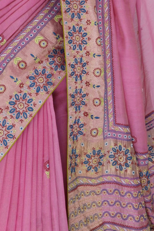 Ada Hand Embroidered Onion Pink Chanderi Lucknowi Chikankari Saree With Blouse-A97681