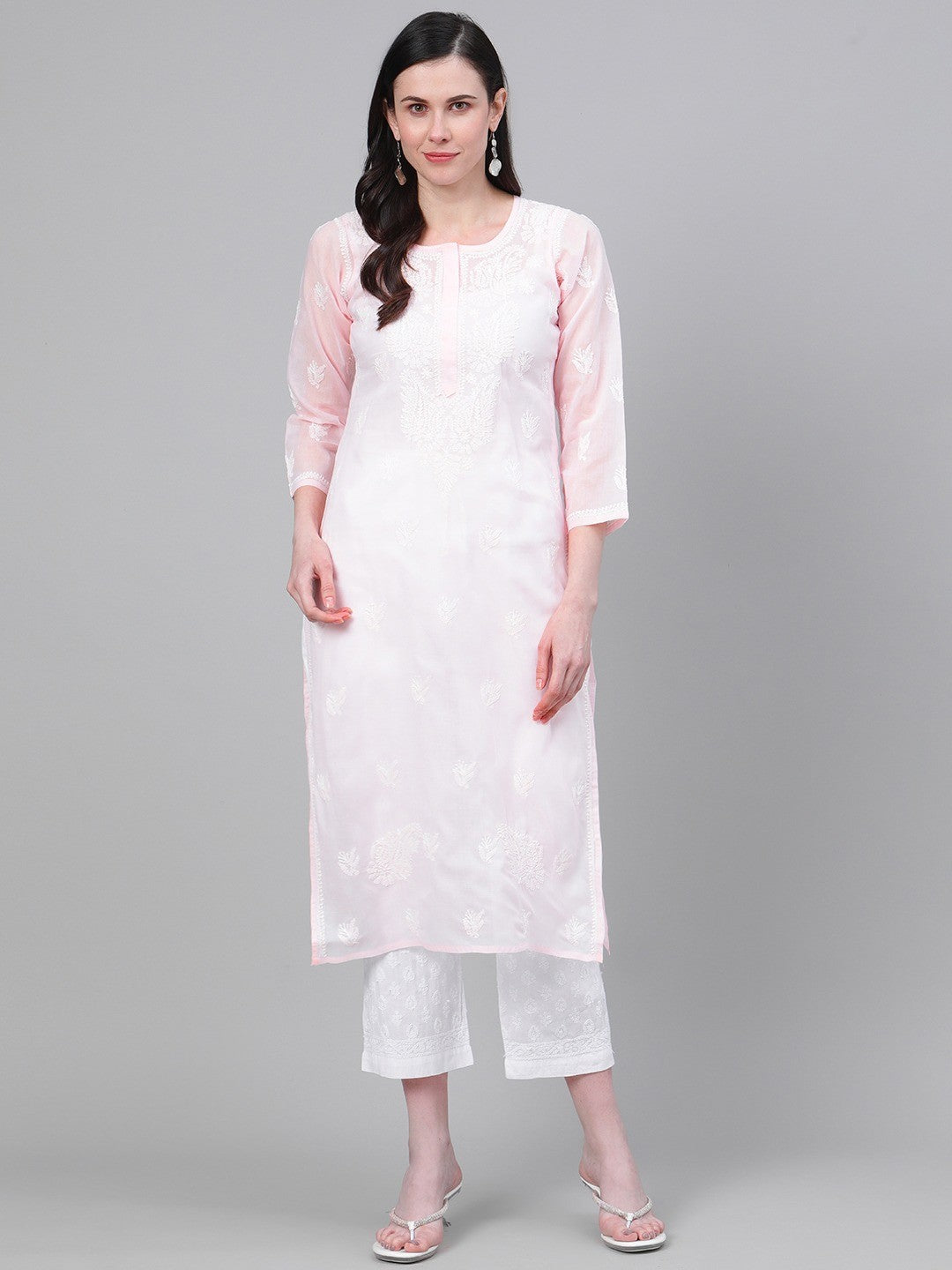 Ada Hand Embroidered Pink And White Cotton Lucknowi Chikankari Kurta with Palazzo A811155