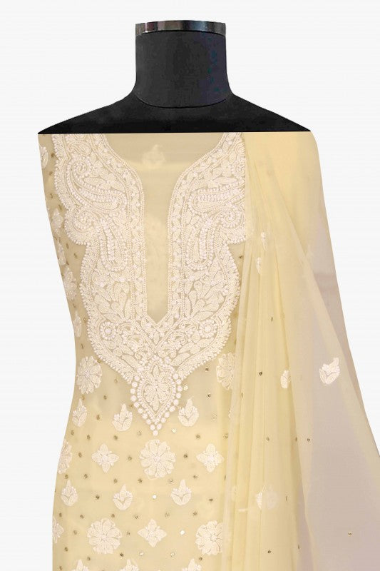 Ada Hand Embroidered Fawn Georgette Lucknowi Chikan Unstitched Suit Piece with Pearl & Sequinned Work A620849