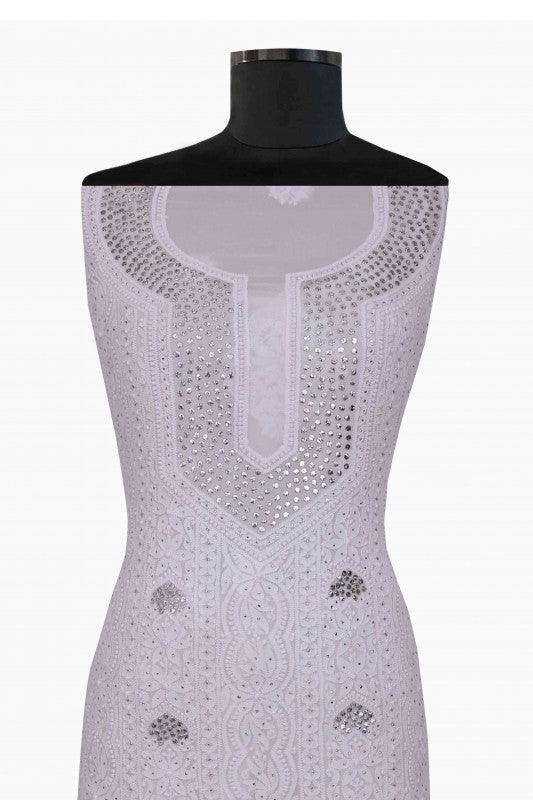 Ada Hand Embroidered White Georgette Lucknowi Chikan Unstitched Kurta Piece with Muqaish Work A508607