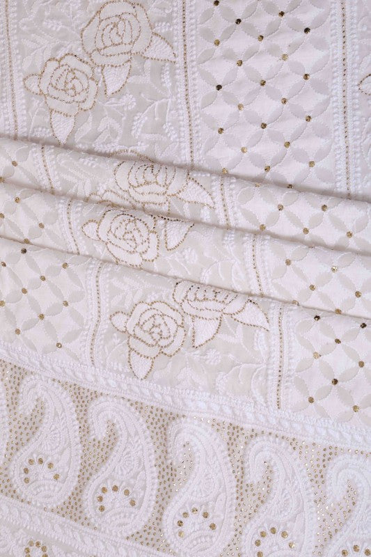 Ada Hand Embroidered White Pure Georgette Lucknowi Chikankari Unstitched Kurta Dupatta Set With Muqaish Work 01A124386