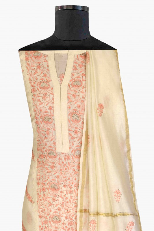 Ada Hand Embroidered Cream White Chanderi Lucknowi Chikan Unstitched Kurta Dupatta Set-A385896