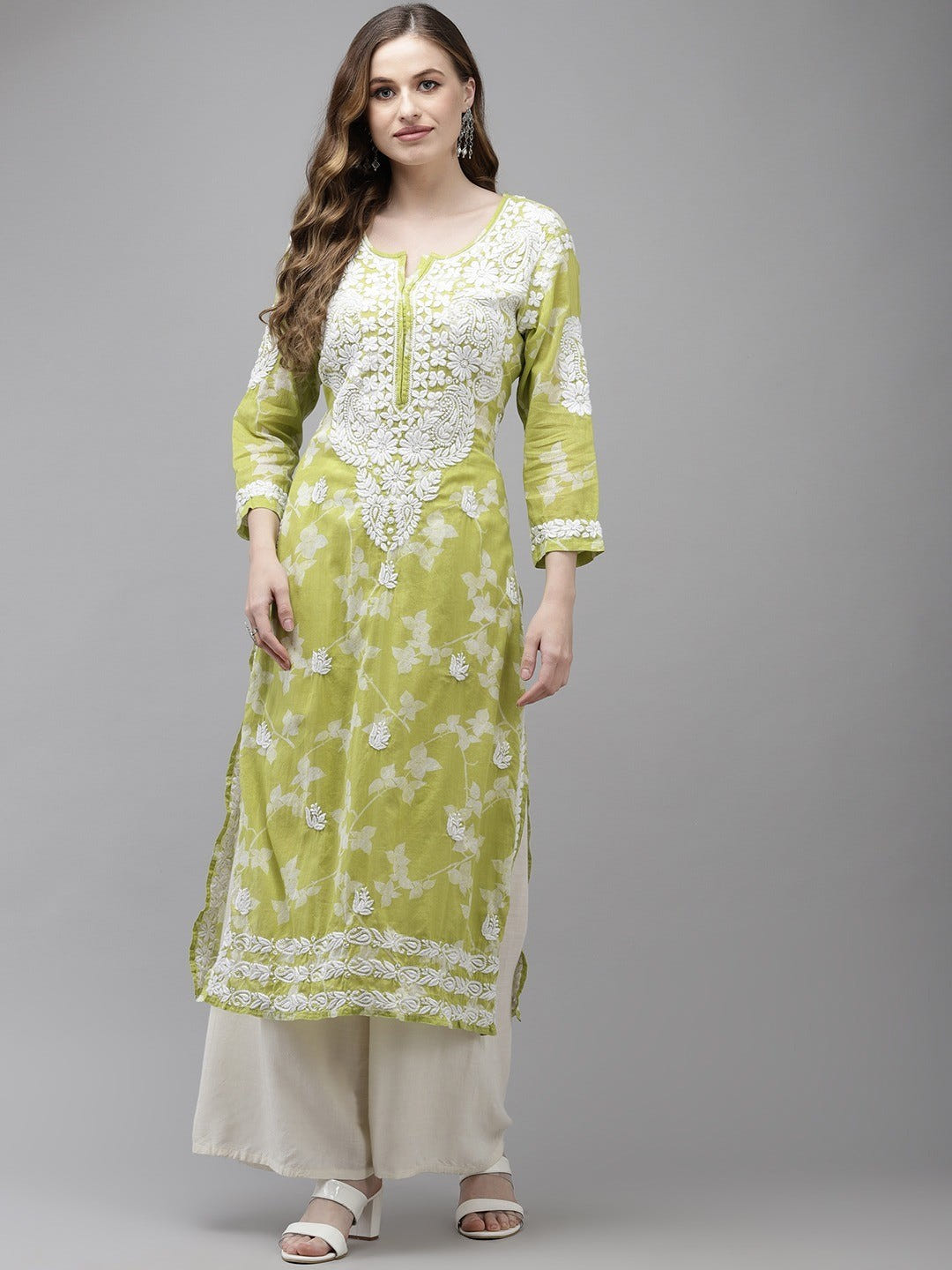 Ada Hand Embroidered Green Cotton Lucknowi Chikan Kurta A411267
