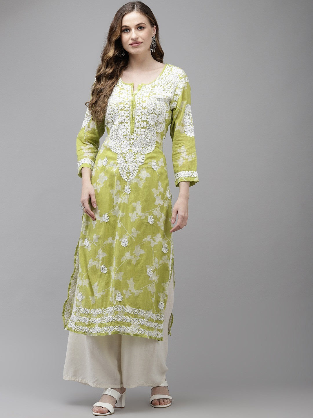 Ada Hand Embroidered Green Cotton Lucknow Chikan Kurta A411352