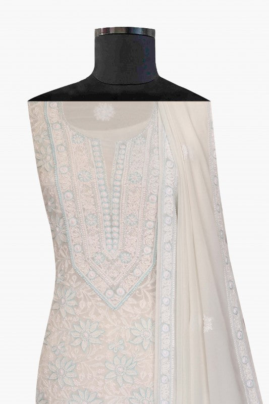 Ada Hand Embroidered White Pure Georgette Lucknowi Chikan Unstitched Kurta Dupatta Set With Pearl & Sequinned Work-A617654