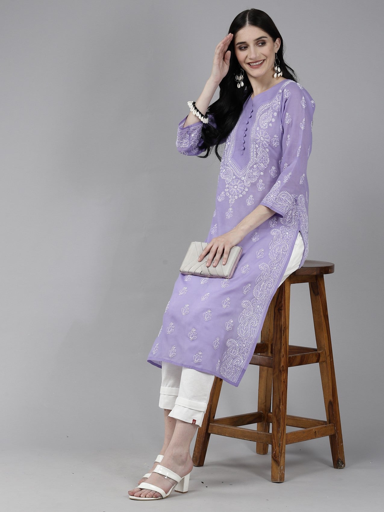 Ada Hand Embroidered Mauve Cotton Lucknowi Chikankari Straight Kurta A175579