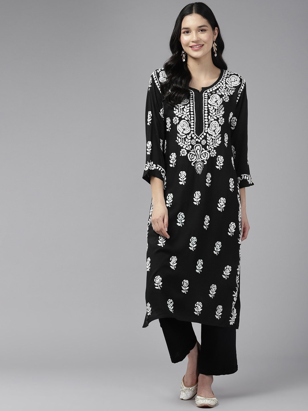 Ada Hand Embroidered Black Rayon Lucknowi Chikankari Straight Kurta A411449