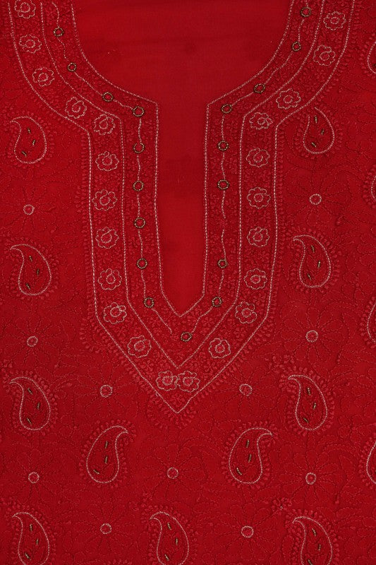 Ada Hand Embroidered Maroon Georgette Lucknowi Chikan Unstitched Kurta Piece With Zari Work A599199