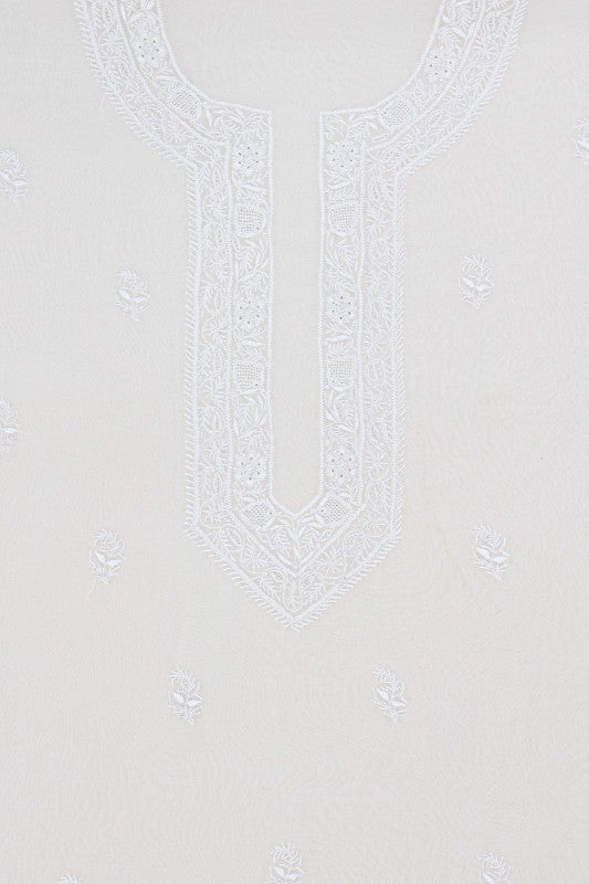 Ada Hand Embroidered White Pure Georgette Lucknowi Chikan Unstitched Kurta Piece A306203