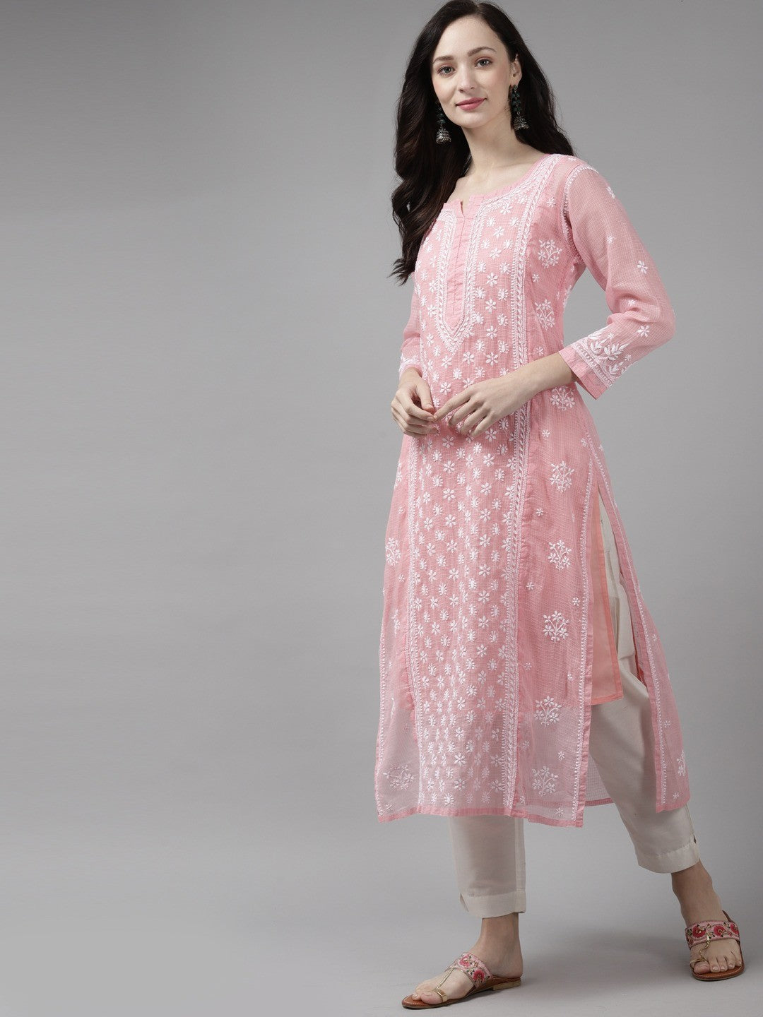 Ada Hand Embroidered Peach  Kota Lucknow Chikankari Kurta With Slip-A411308