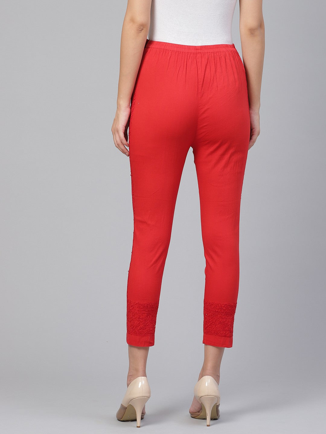 Ada Hand Embroidered Red Cotton Lucknowi Chikankari Trouser A203523