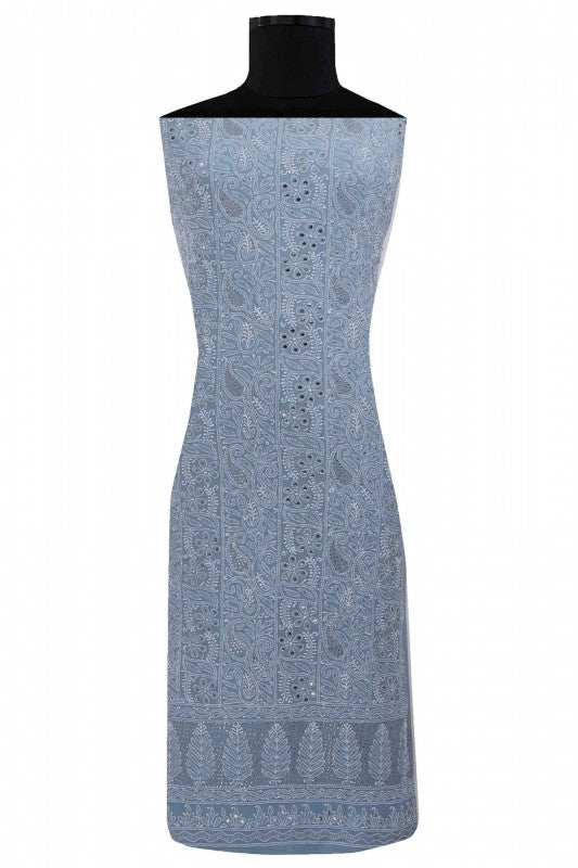 Ada Hand Embroidered Aegean Blue Pure Georgette Lucknowi Chikan Unstitched Kurta Dupatta With Muqaish Work- A608012