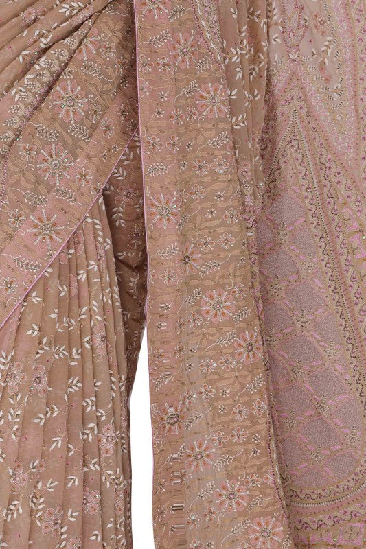 Ada Hand Embroidered Dusty Pink/ Onion Pink Pure Georgette Lucknowi Chikankari Saree/Blouse With Sequinned & Pearl Work- A49688