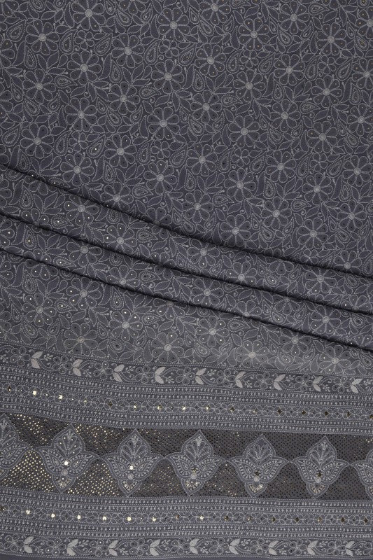 Ada Hand Embroidered Grey Georgette Unstitched Kurta Dupatta Set A526842