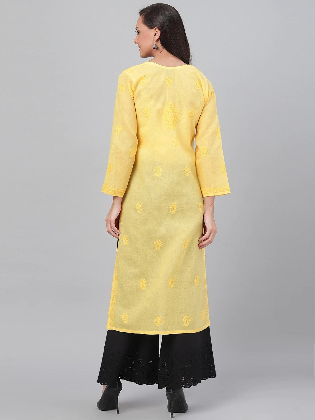 Ada Hand Embroidered Yellow Cotton Lucknowi Chikankari Straight Kurta A231421