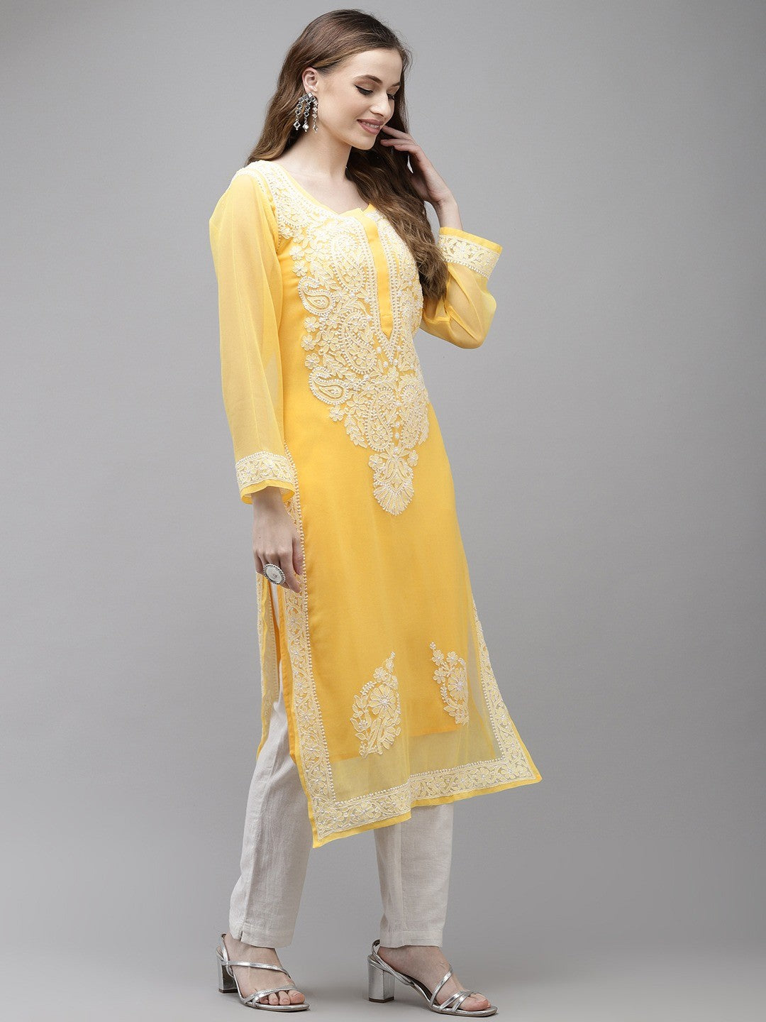 Ada Hand Embroidered Yellow Georgette Lucknow Chikan Kurta with Slip A411359