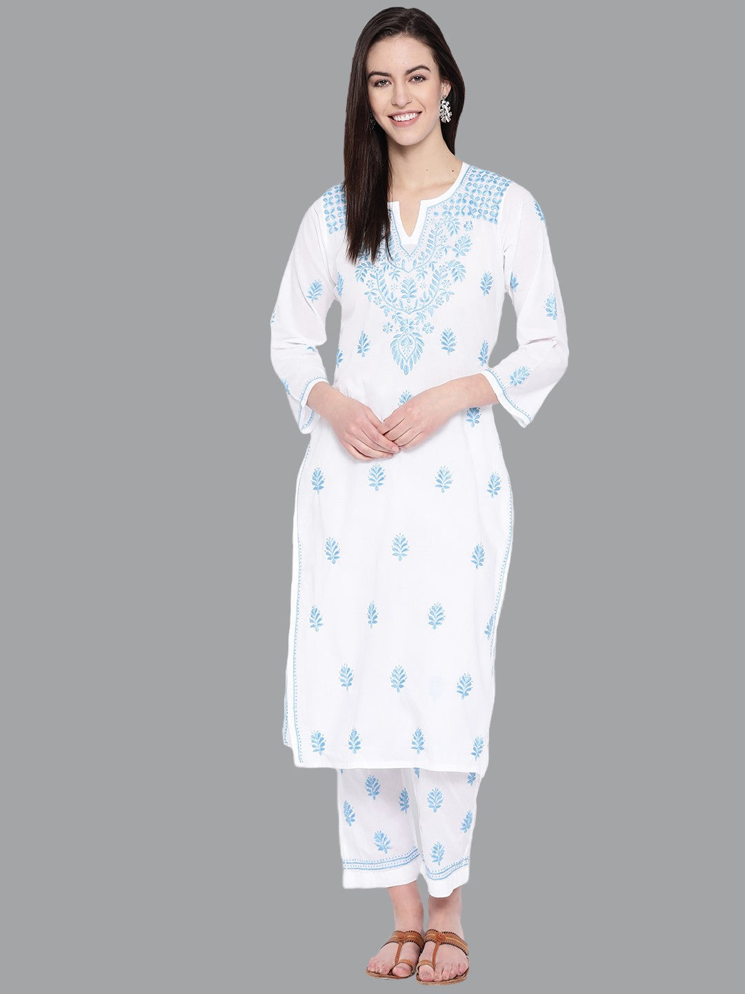 Ada Hand Embroidered White Cotton Lucknow Chikankari Kurta Set A100215