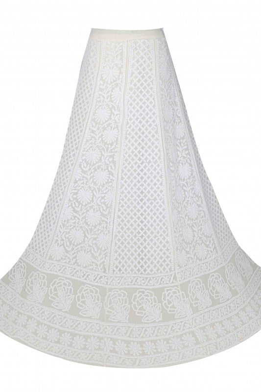 Ada Hand Embroidered White Pure Georgette Lucknowi Chikankari Unstitched Lehenga Skirt (Only Skirt) A578311