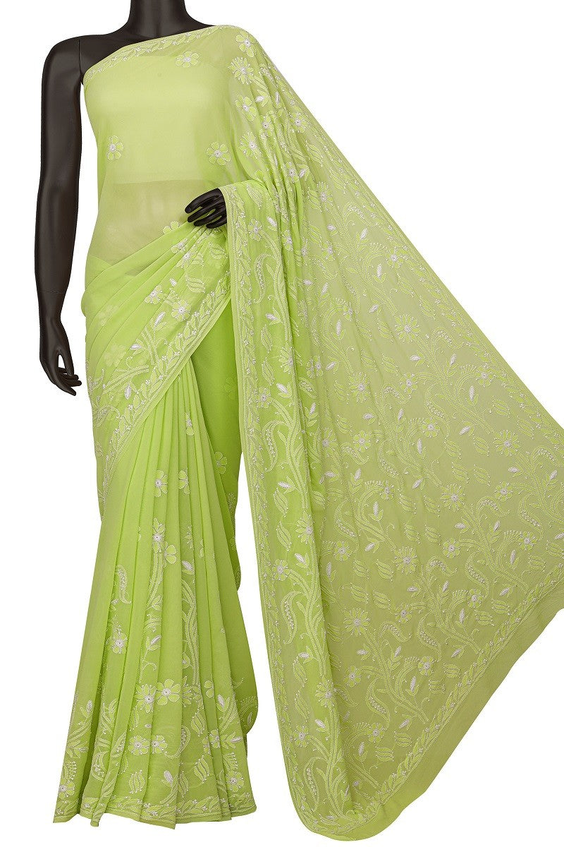 Ada Hand Embroidered Light Green Pure Georgette Lucknowi Chikankari Saree with Blouse  A310987