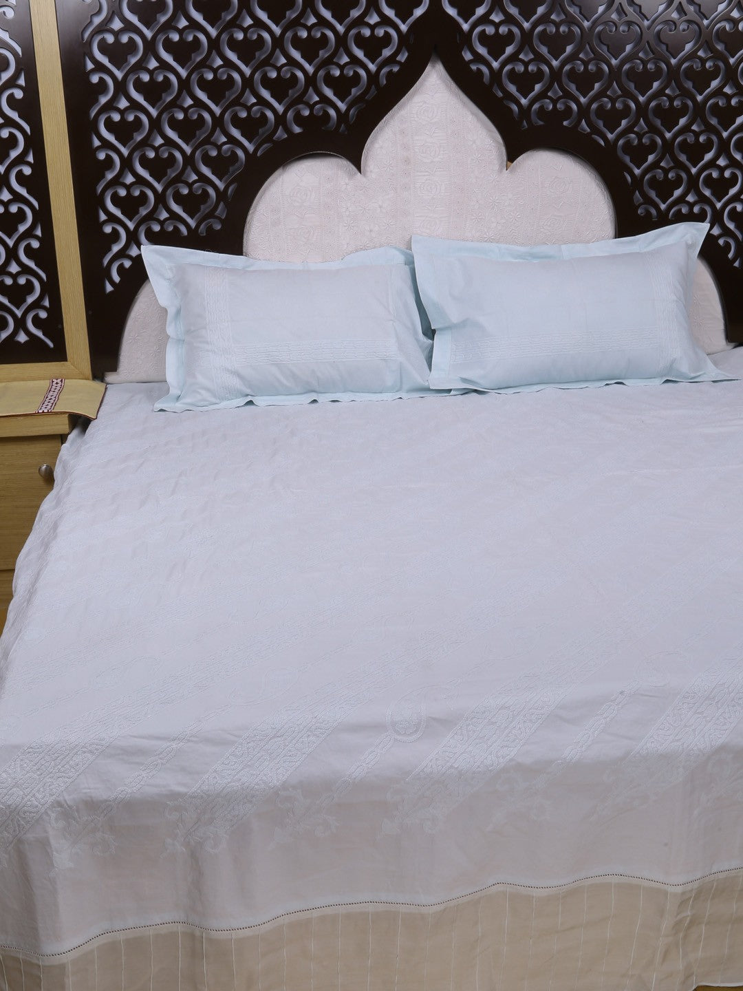 Ada Hand Embroidered Icy Blue Cotton Lucknowi Chikankari Bed Sheet Set A49703