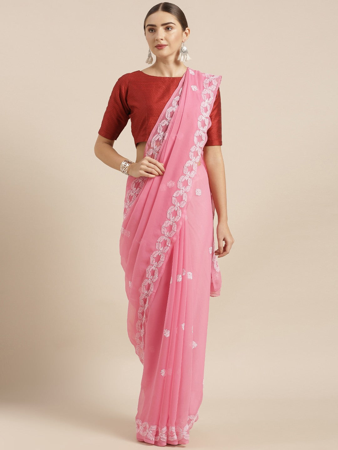 Ada Hand Embroidered Onion Pink Faux Georgette Lucknow Chikankari Saree with Blouse A204743