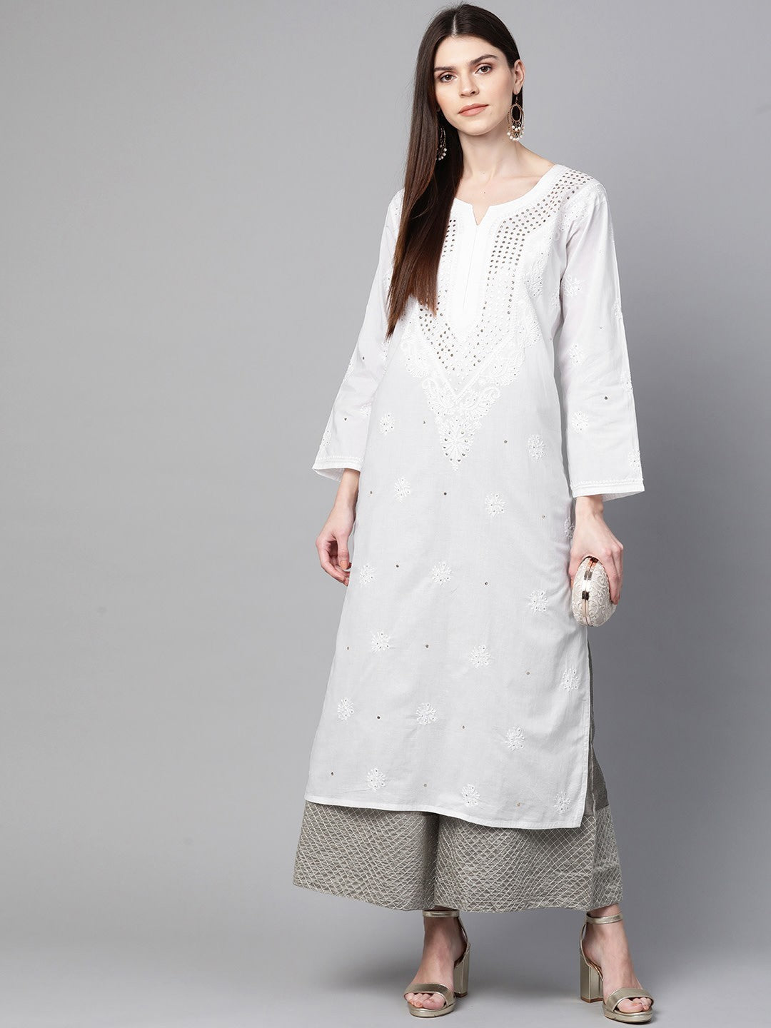 Ada Hand Embroidered White Cotton Lucknowi Chikankari Straight  Kurta With Muqaish Work A100421