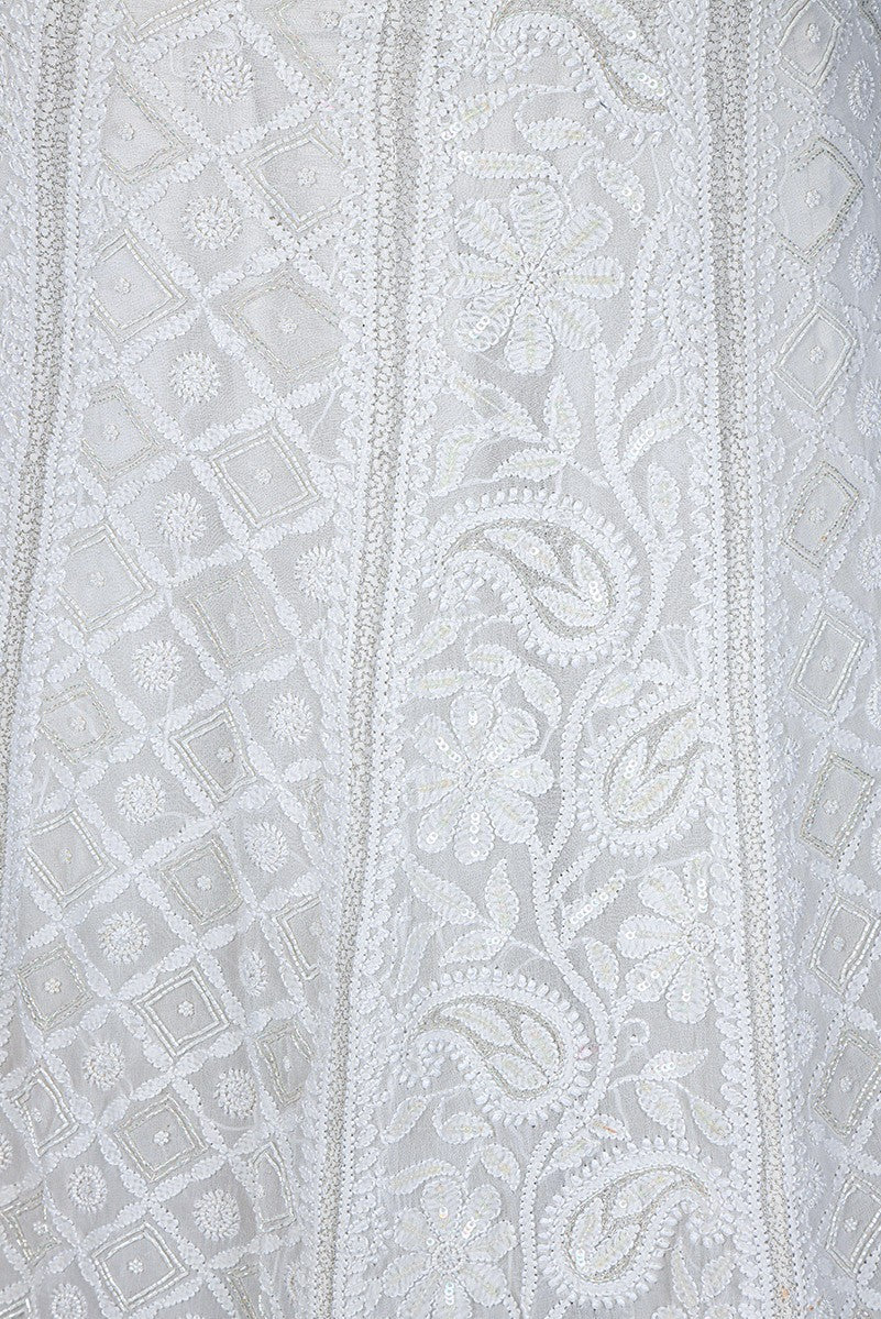Ada Hand Embroidered White Pure Georgette Lucknowi Chikankari Unstitched Lehenga Skirt (Only Skirt)With Pearl Work-A501261