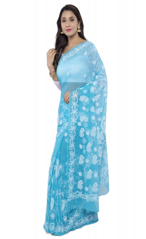 Ada Hand Embroidered Blue Georgette Lucknow Chikan Saree with Blouse A381324