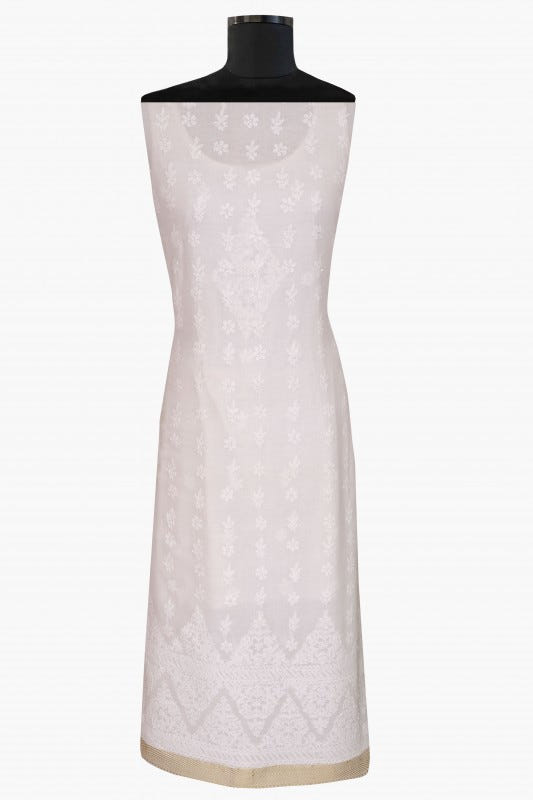 Ada Hand Embroidered White Cotton Lucknowi Chikan Unstitched Kurta Dupatta Set  A502818