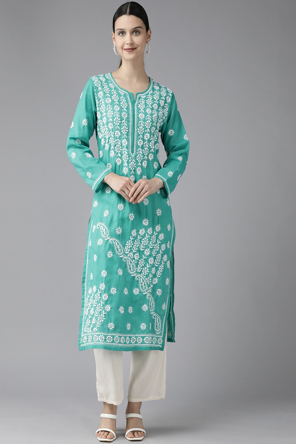 Ada Hand Embroidered Rama Green Cotton Lucknowi Chikankari Straight Kurta A411416
