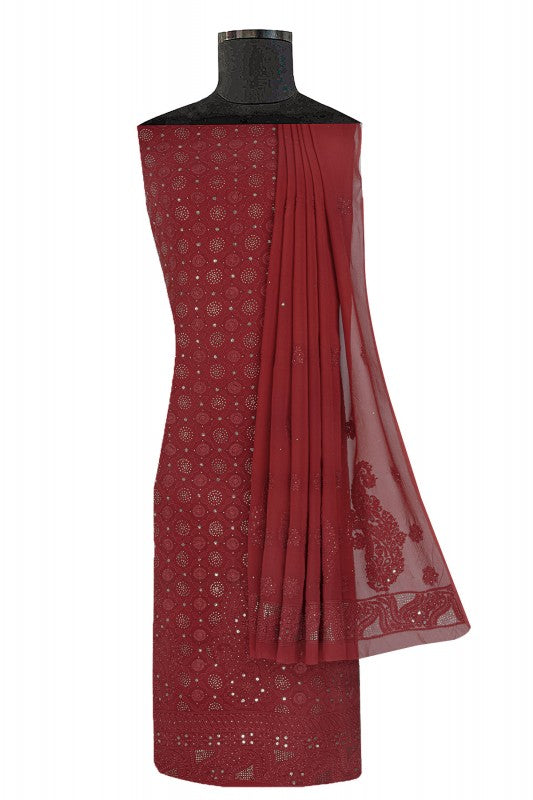 Ada Hand Embroidered Garnet Red Georgette Lucknowi Chikan Unstitched Kurta Dupatta Set With Muqaish Work- A610637