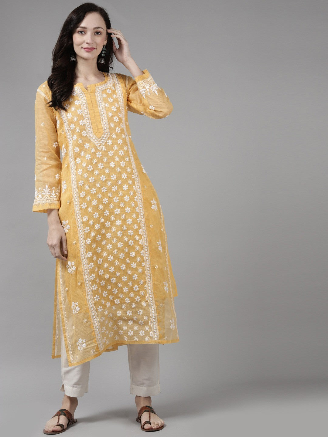 Ada Hand Embroidered Fawn Kota Lucknow Chikankari Kurta With Slip-A411306