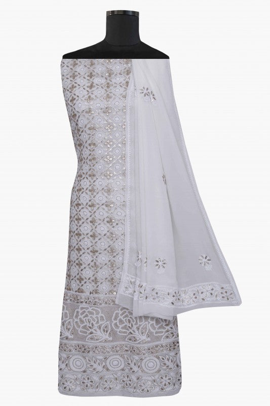 Ada Hand Embroidered White Pure Georgette Lucknowi Chikan Unstitched Kurta Dupatta Set with Gotapatti Work A532940
