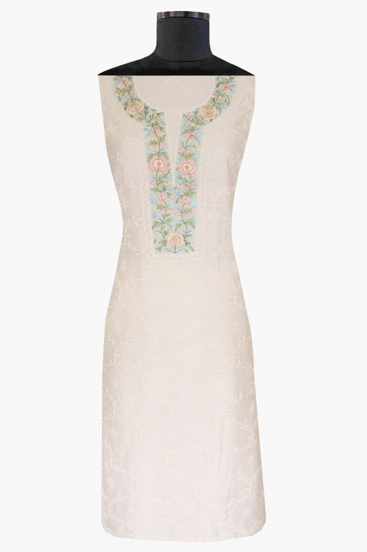 Ada Hand Embroidered Cream Chanderi Lucknowi Chikan Unstitched Kurta Dupatta Set- A610361