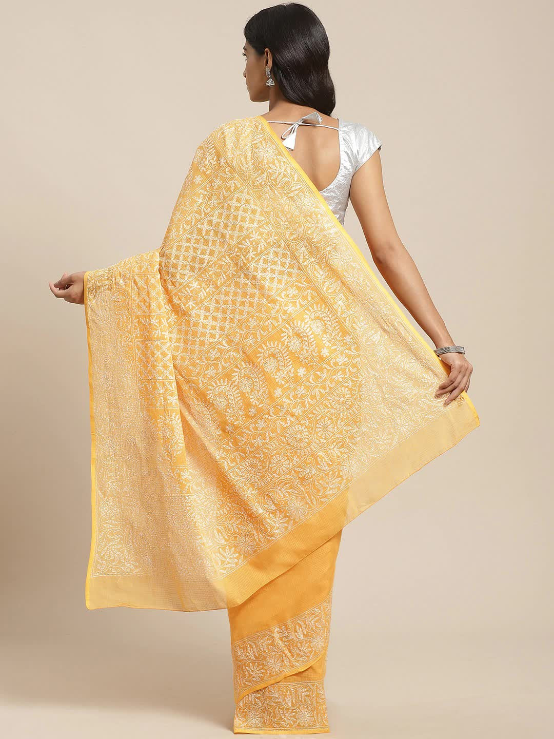 Ada Hand Embroidered Mustard Kota Lucknow Chikan Saree With Blouse- A311115