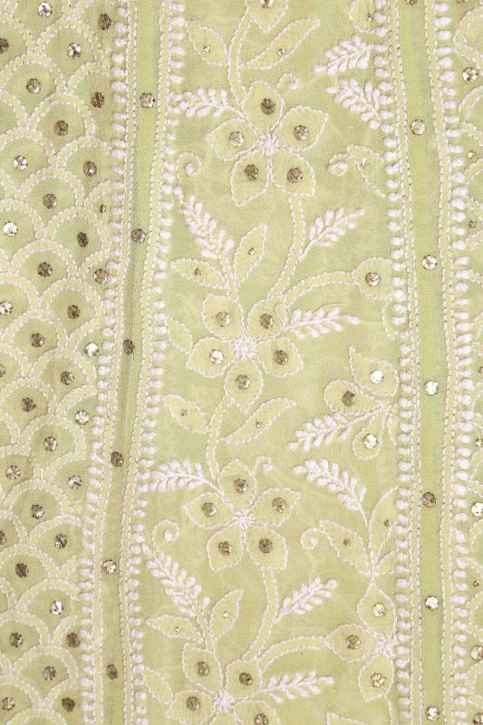 Ada Hand Embroidered Lemon Pure Georgette Lucknowi Chikan Semi-Stitched Anarkali Kurta Dupatta Set With Muqaish Work-A328561