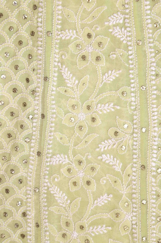 Ada Hand Embroidered Lemon Pure Georgette Lucknowi Chikan Semi-Stitched Anarkali Kurta Dupatta Set With Muqaish Work-A328561