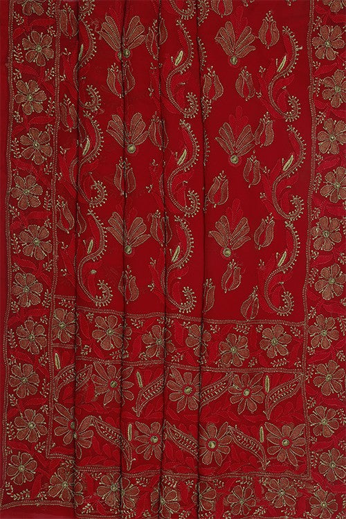 Ada Hand Embroidered Red Georgette Lucknowi Chikankari Saree with Blouse A630390