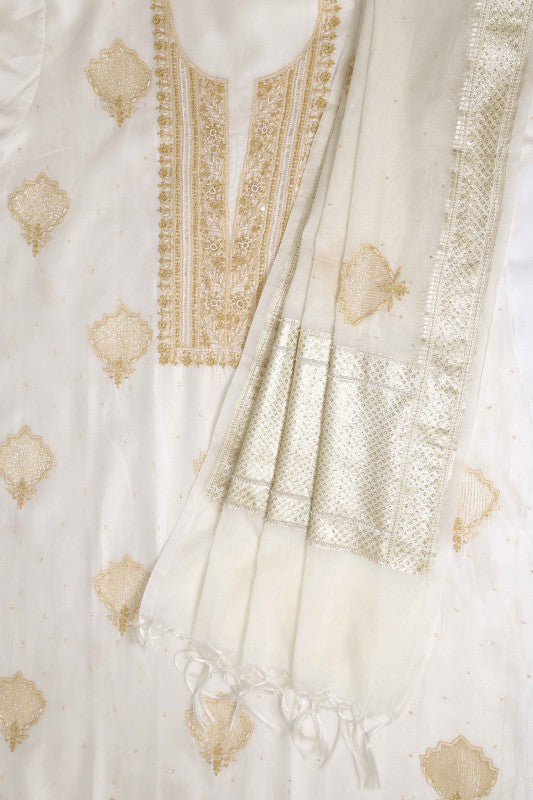 Ada Hand Embroidered Off White Chanderi Lucknowi Chikankari Unstitched Kurta Dupatta Set With Pearl Work 01A86296