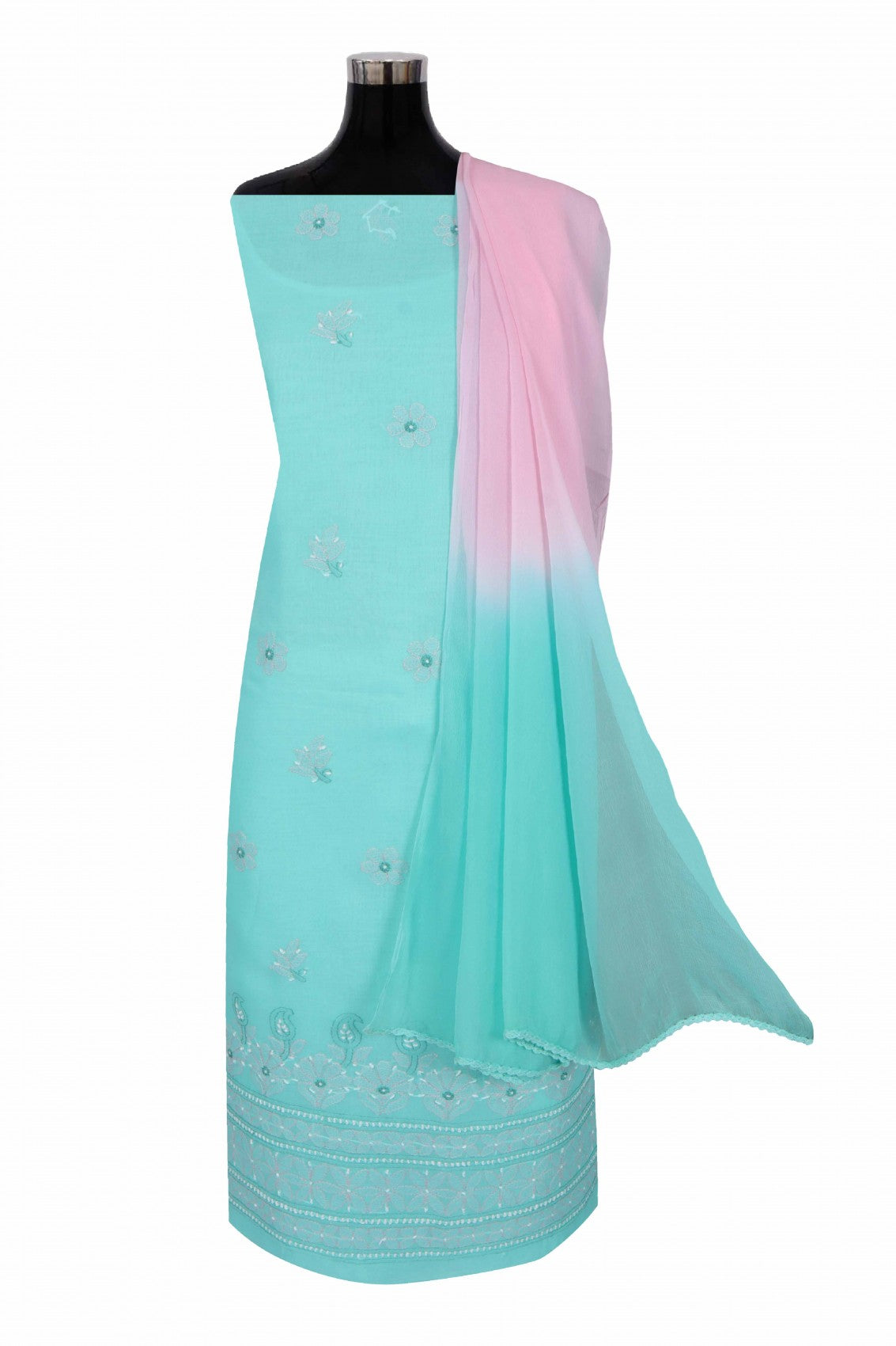 Ada Hand Embroidered Sea Green Cotton Lucknowi Chikankari Unstitched Suit Piece 01A215130