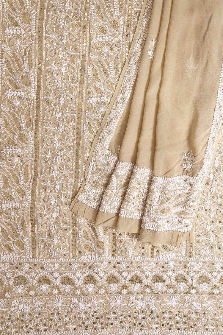 Ada Hand Embroidered Fawn Pure Georgette Lucknowi Chikan Unstitched Kurta Dupatta Set with Muqaish Work A595019
