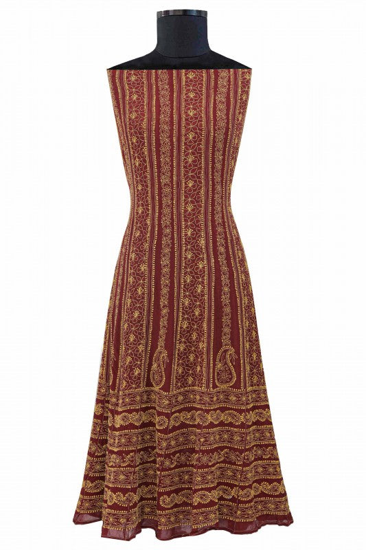 Ada Hand Embroidered Maroon Pure Georgette Lucknowi Chikankari Semi-Stitched Anarkali Set 01A8518