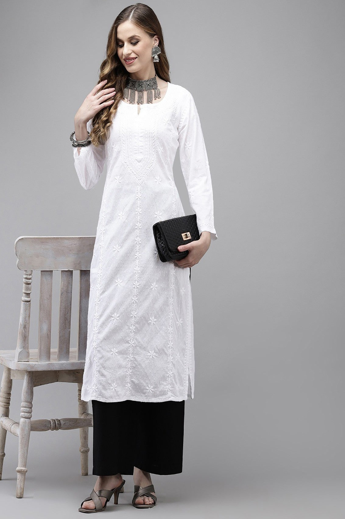 Ada Hand Embroidered White Cotton Lucknow Chikankari Straight Kurta A411323