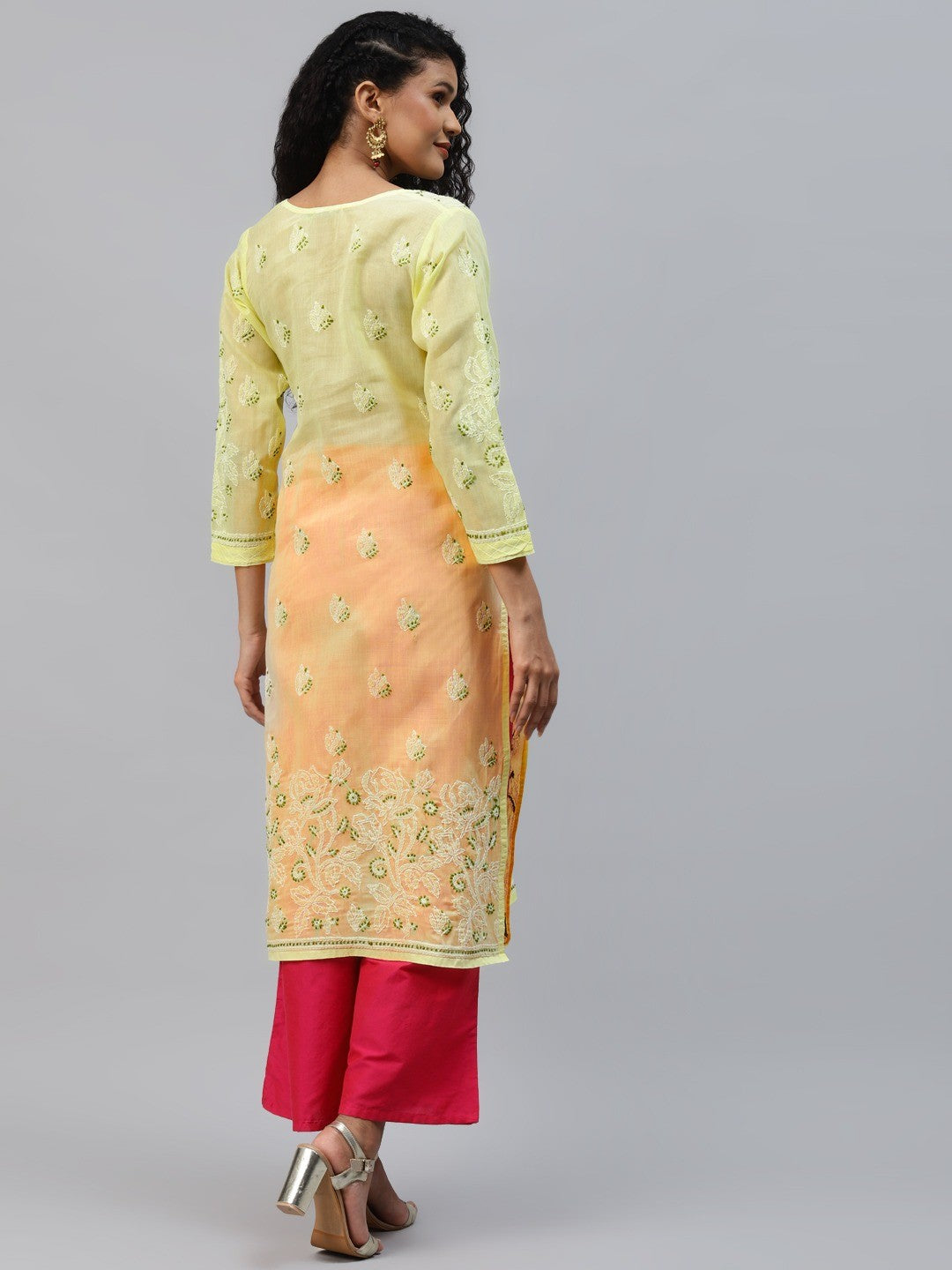 Ada Hand Embroidered Lemon Cotton Lucknowi Chikankari Straight Kurta A221005