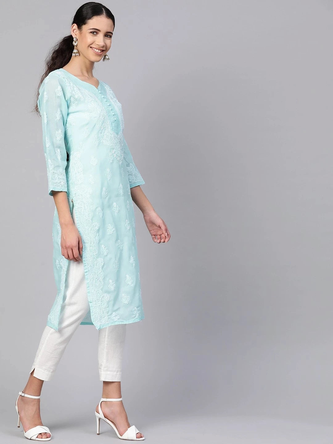 Ada Hand Embroidered Blue Cotton Lucknowi Chikankari Straight Kurta A100357