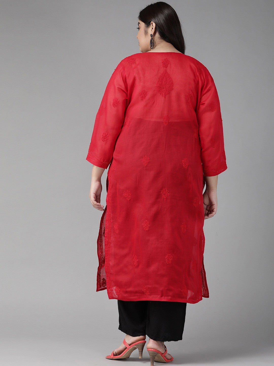 Ada Hand Embroidered Red Cotton Lucknowi Chikankari Straight Kurta A100362