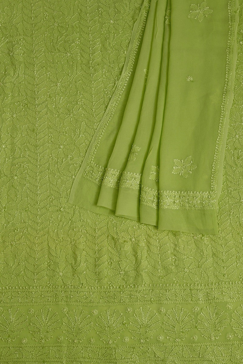 Ada Hand Embroidered Green Georgette Lucknowi Chikan Unstitched Kurta Dupatta Set A571718